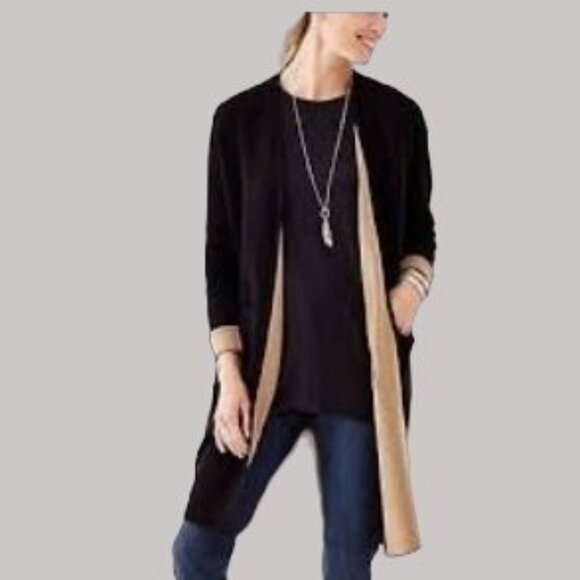J.Jill Long Open Cardigan Sweater Black‎ Tan Duster Size XS Minimalist Pockets - Picture 1 of 10